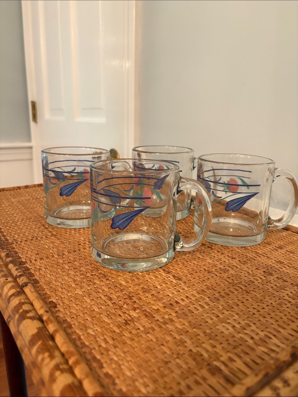 Set of 4 Lenox Clear Glass Mugs in the Poppies on Blue Pattern, Made in USA